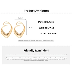 Abstract golden geometric earrings, alloy and silver needles, 7.5x5.5cm, weight 39.5g