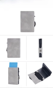 Detail view of grey RFID blocking wallet showing pop-up card mechanism and PU leather