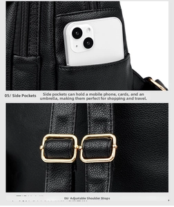 Detail of vintage leather backpack side pocket and adjustable gold metal buckle