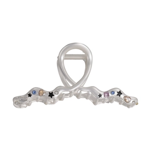 Pince à cheveux irrégulière en argent mat ornée de strass colorés et étoiles noires