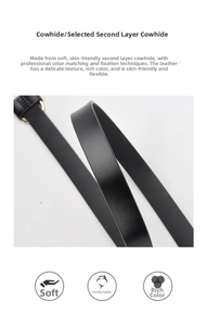 Detail of premium split cowhide leather belt showing soft texture and matte black finish