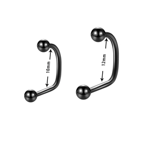 Black stainless steel U-shaped lip rings with ball ends in 10mm and 12mm sizes