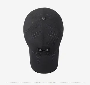 Top view of black mesh baseball cap with breathable fabric and brand patch detail