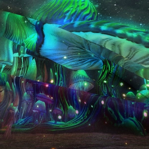 Detail of bohemian mushroom tapestry showing soft neon fabric texture and fluorescent patterns