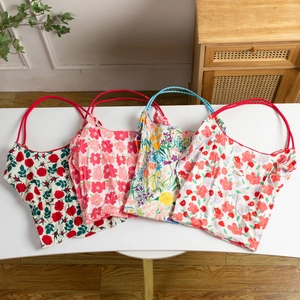 Women Floral Print Canvas Tote Bag Large Capacity Shoulder Bag Drawstring Shopping Handbag Korean Style Cotton Fabric