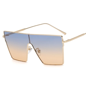 Square oversized flat top sunglasses with gold metal frame and blue orange gradient lenses
