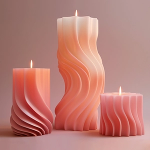 Three-piece set of gradient pink wavy pillar candles with spiral textured silicone mold design