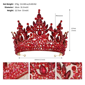 Macro detail of red rhinestone crown with size dimensions 16cm diameter and 12.7cm height