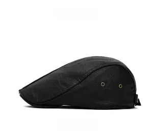 Side view of black faux leather newsboy cap showing textured finish and metal eyelets
