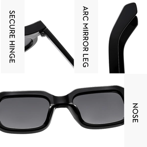 Detail view showing secure hinges, arc mirror legs, and integrated nose pads of black sunglasses