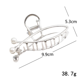 Silver metal hair claw clip with pearls, 9.9cm length and 5.3cm height size details
