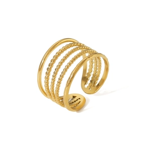 Detail of layered gold stainless steel ring with smooth and beaded texture bands