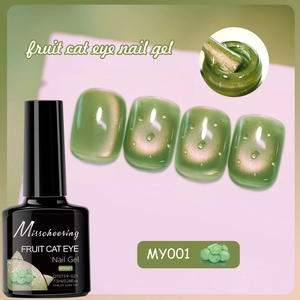 Macro shot of 7.5ml cat eye nail gel in shade MY001 with glossy emerald green effect