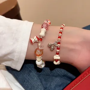 Sweet Beaded Bracelets With Glass Ceramic Beads And Alloy Fruit Pendants Apple Core Cherry Cute Fresh Style Jewelry For Women