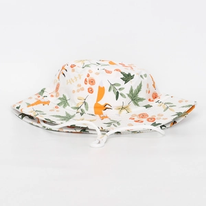 Kids cotton bucket hat with cute fox print and adjustable windproof chin strap