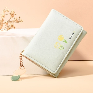 Short minimalist light green PU leather tri-fold wallet with tulip print and nice day slogan