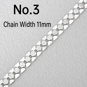 Macro shot of 11mm wide stainless steel chain link with hexagonal modules and 3# size label