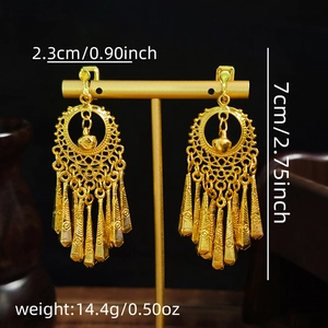 Detailed view of bohemian gold tassel earrings with dimensions and weight specs
