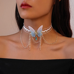 Butterfly Choker Necklace Women White Lace Alloy Crystal Beaded Tassel Blue Gradient Teardrop Pendant Elegant Jewelry