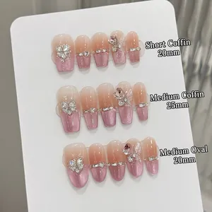Handmade Pink Cat Eye Press On Nails Gradient Blush French Rhinestone Butterfly Elegant Nail Art For Party Wedding Women
