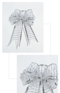 Macro detail of silver sequined mesh ribbon bow showing the glitter texture and patterns