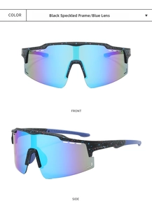 Front and side view of mottled black cycling sunglasses with blue polarized lenses