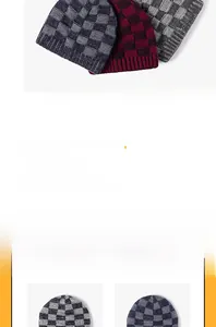 Detail of checkered knit pattern and soft texture on thick winter beanie hats