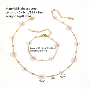 18K gold plated stainless steel necklace and bracelet set with pink flowers and pearls