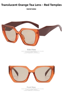 Detail of geometric square sunglasses with transparent orange frame and deep red temples