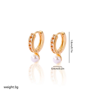 Detailed view of gold plated pearl earrings showing dimensions 1.8cm height and 3g weight