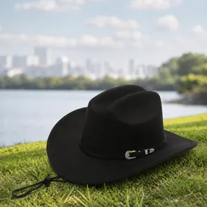 Klassischer schwarzer Western-Cowboyhut aus Wollfilz mit Silberschnalle und Kinnriemen