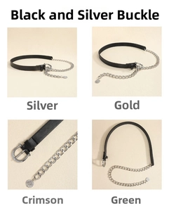 Detail of black leather belt with multi-layer metal chains and round coin charm pendant