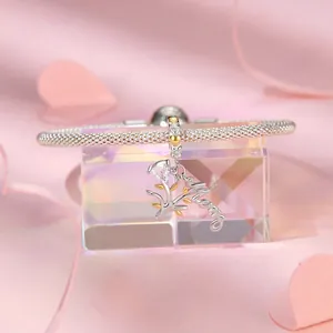 S925 sterling silver mesh bracelet with Mom heart charm and golden leaf detail