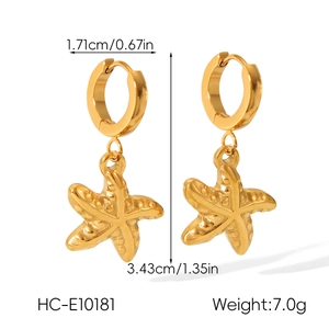 Detailed view of 18k gold starfish hoop earrings with precise size and weight specs