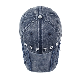 Distressed wash denim baseball cap with NYFTCH embroidery and lightning patch details