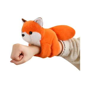 Cute orange plush fox snap bracelet toy worn on wrist with soft fur details