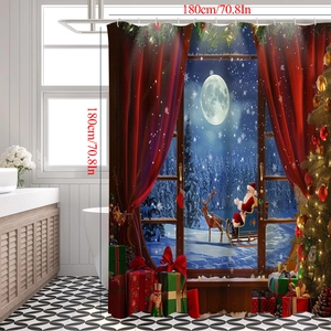 Detail of Christmas shower curtain showing Santa on a sleigh with size 180x180cm
