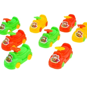Detailed view of colorful mini plastic toy cars with cartoon bear stickers on white background