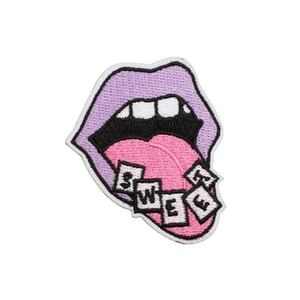 Purple lips and tongue embroidery patch with Sweet lettering for garment bags decoration