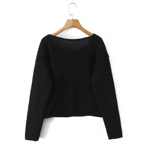Dettaglio ravvicinato di un cardigan nero a maglia grossa con ricamo traforato sullo scollo
