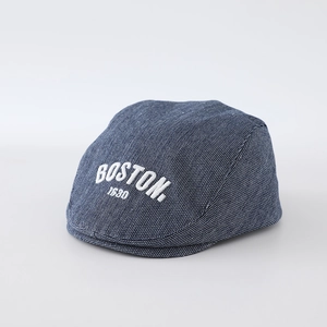 Detail of Boston 1630 3D embroidery on blue washed denim baby beret cap