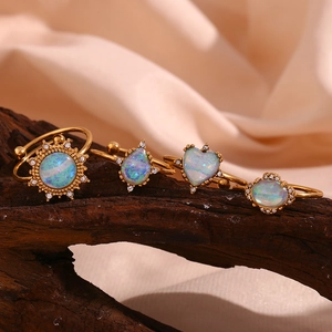Adjustable Open Rings Stainless Steel 18K Gold Plated Synthetic Opal Heart Waterdrop Sun Shape Jewelry For Women
