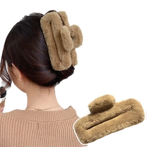 Large plush brown square claw clip for women featuring soft faux fur texture