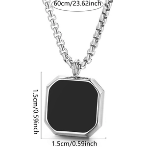 Detail showing 60cm chain length and 1.5cm square black pendant measurements