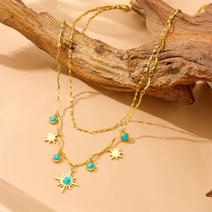 Vintage double-layer stainless steel necklace with turquoise star and sun pendants