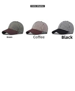 Three-color display of thick houndstooth baseball caps in green, coffee, and black