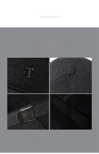 Detailed view of winter baseball cap texture with metal T logo and adjustable buckle