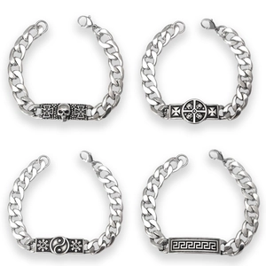 Stainless Steel Cuban Link Bracelet For Men Boys Gothic Punk Hip Hop Skull Cross Tai Chi Greek Key Plaque Silver Tone