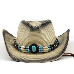 Cappello da cowboy in paglia stile bohémien con fascia di perline e turchese