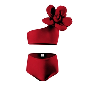 Maillot de bain deux pièces rouge pour filles avec fleur 3D et culotte taille haute